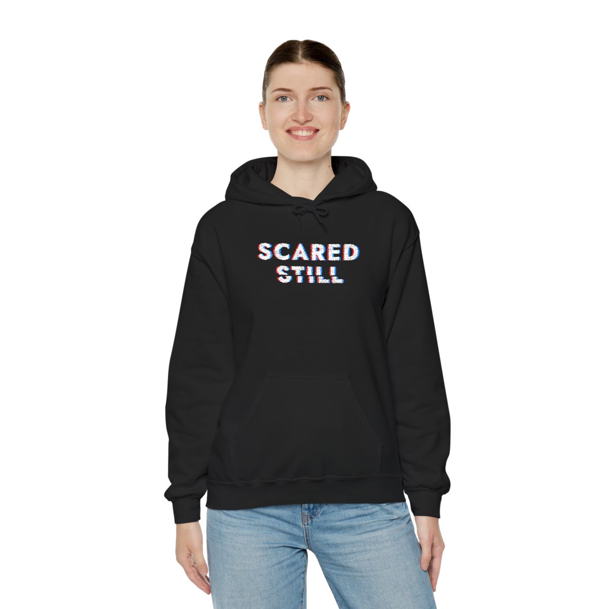 SCARED STILL embroidered hoodie being worn
